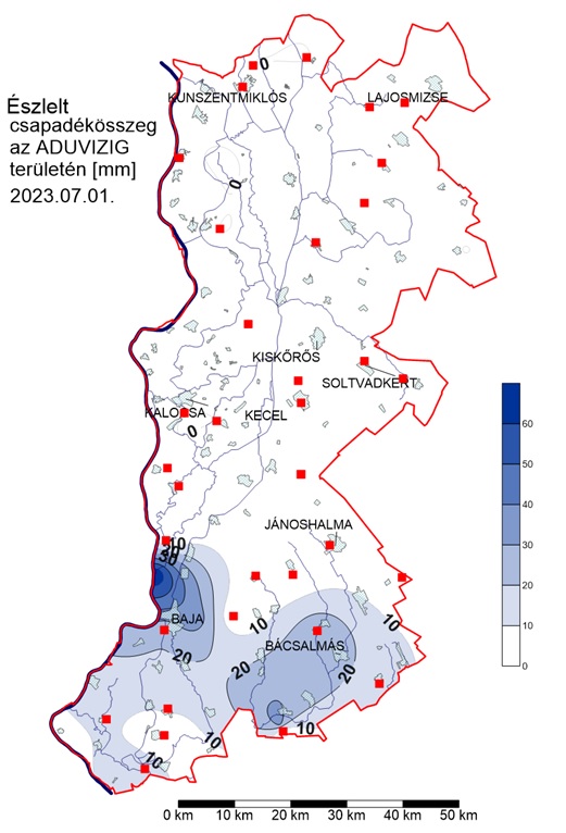 Kép az észlet csapadékösszegről az ADUVIZIG területén 2023. július 1-én
