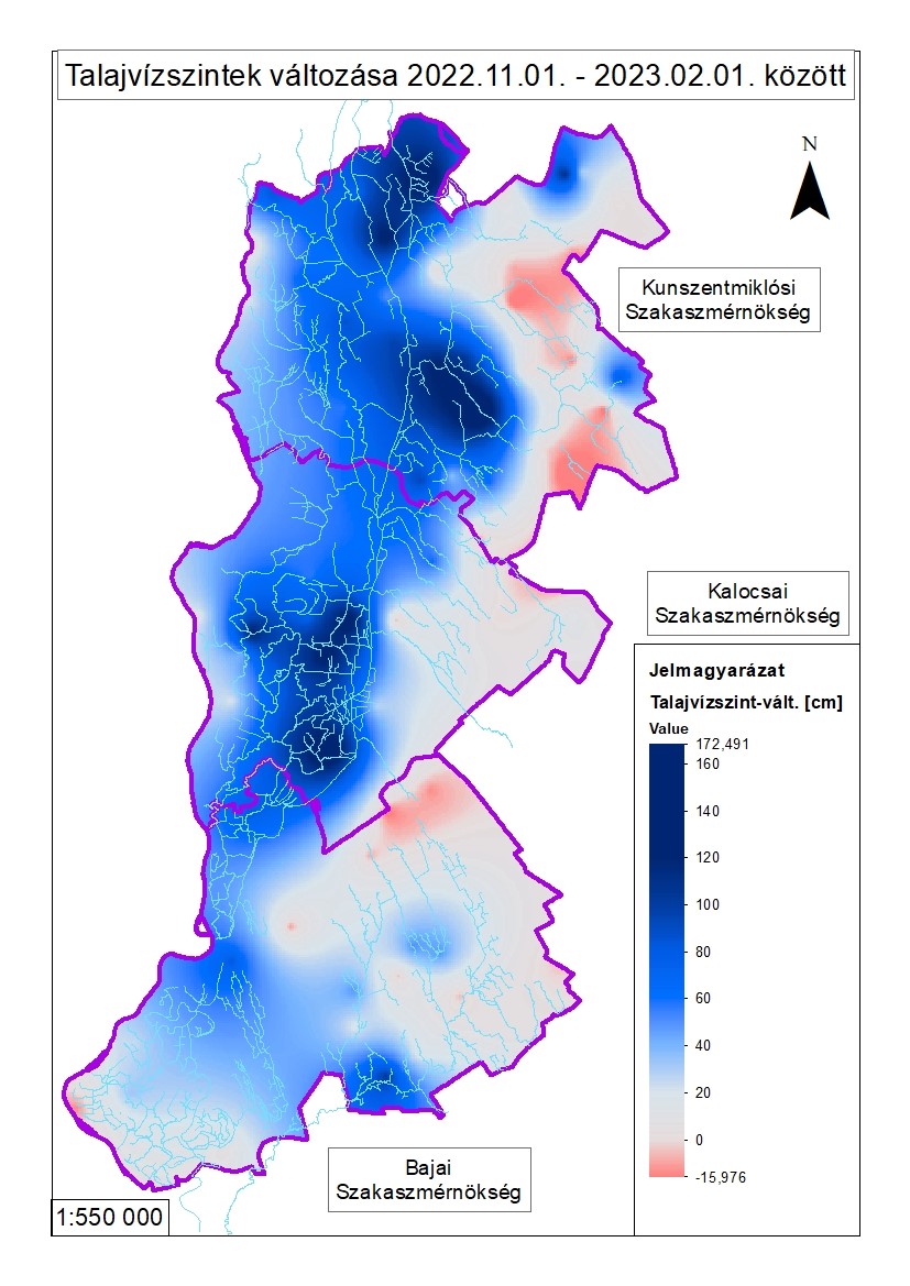 A kép tartalma: talajvízszintek változása 2022.11.01 és 2023.02.01. között