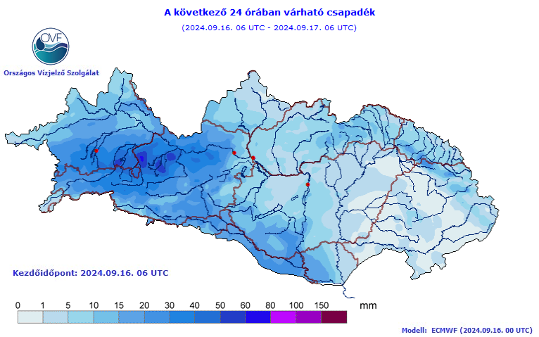 A kép tartalma: a következő 24 órában várható csapadék 2024.09.16.