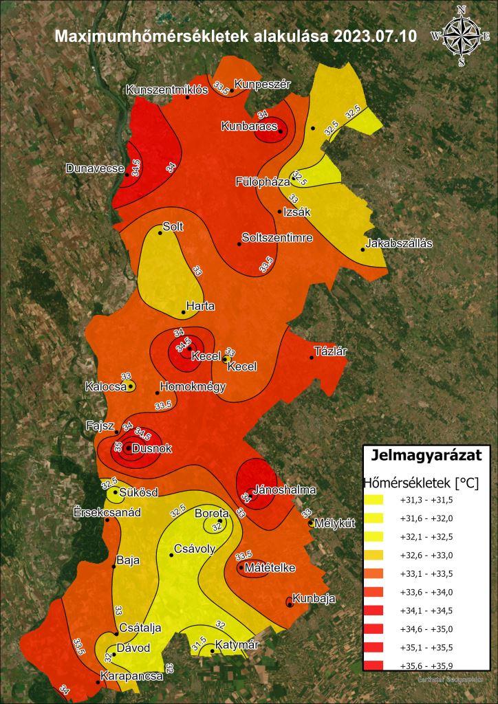 Kép a maximumhőmérsékletek alakulásáról 2023. július 10-én